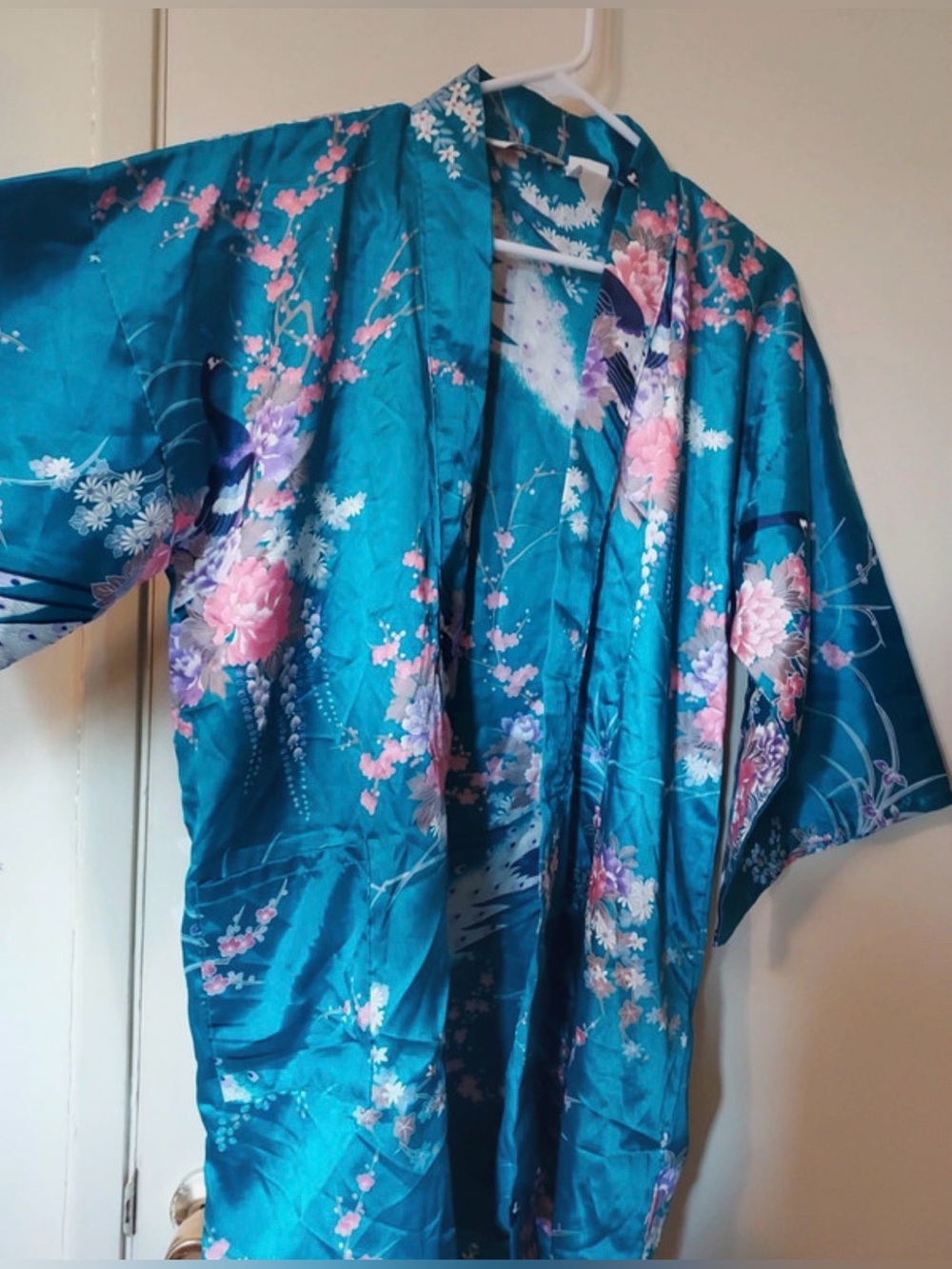 Vintage Teal Satin Kimono Robe Floral Peacock Silky Sleepwear Bathrobe OS Boho